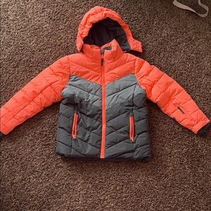 Girls Colorblock Hooded Puffer Jacket - Bright Coral and Dark Gray
